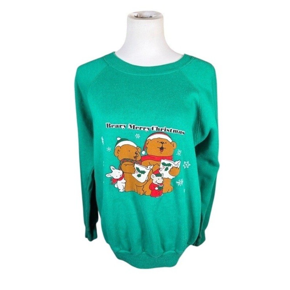 Pannill Sweatshirt Unisex XL Beary‎ Merry Christmas Green Graphic Vintage USA